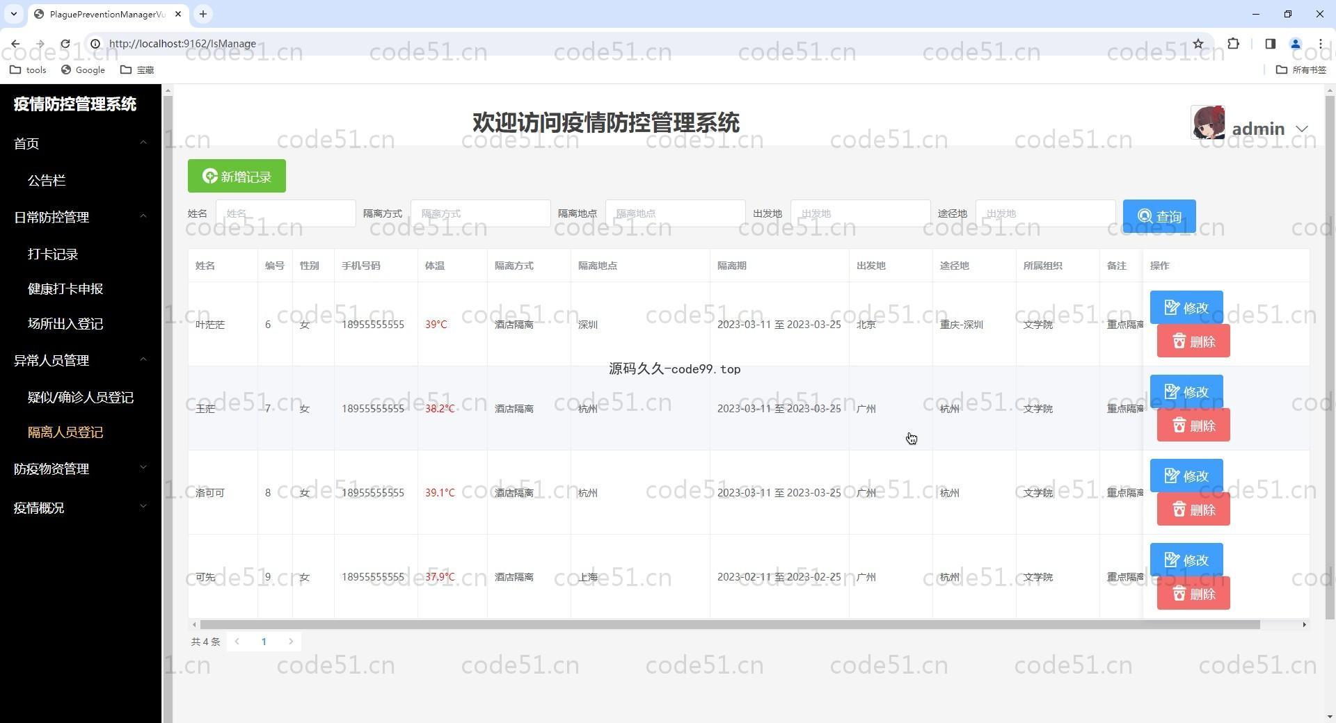 基于Vue+SpringBoot+MySQL+Elementui的疫情防控管理系统