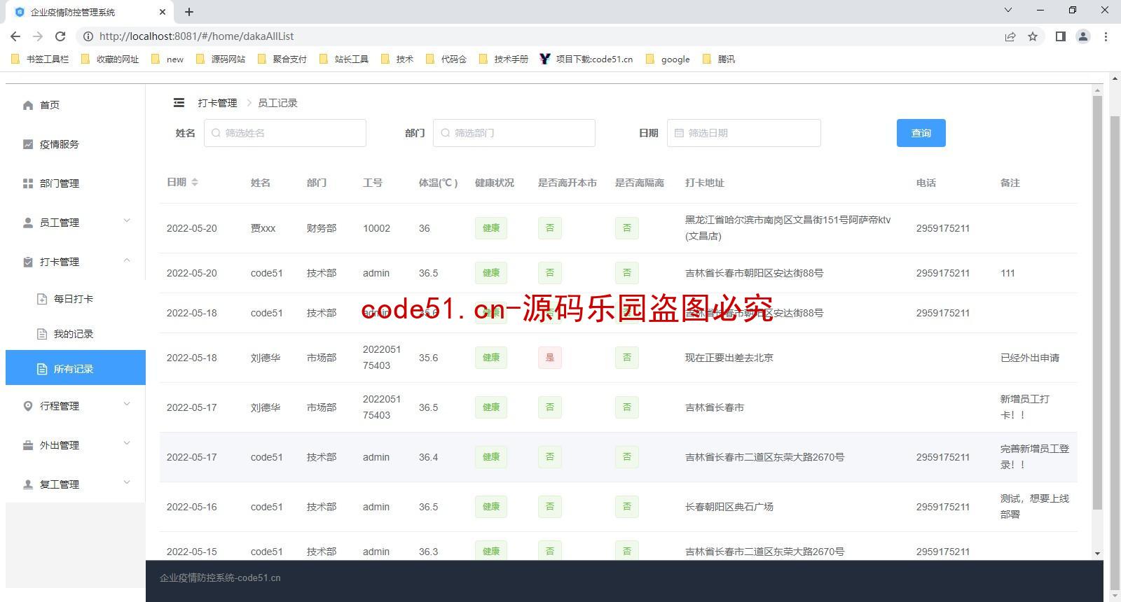 基于SSM+SpringBoot+MySQL+ElementUI+Vue前后端分离的企业疫情防控管理系统