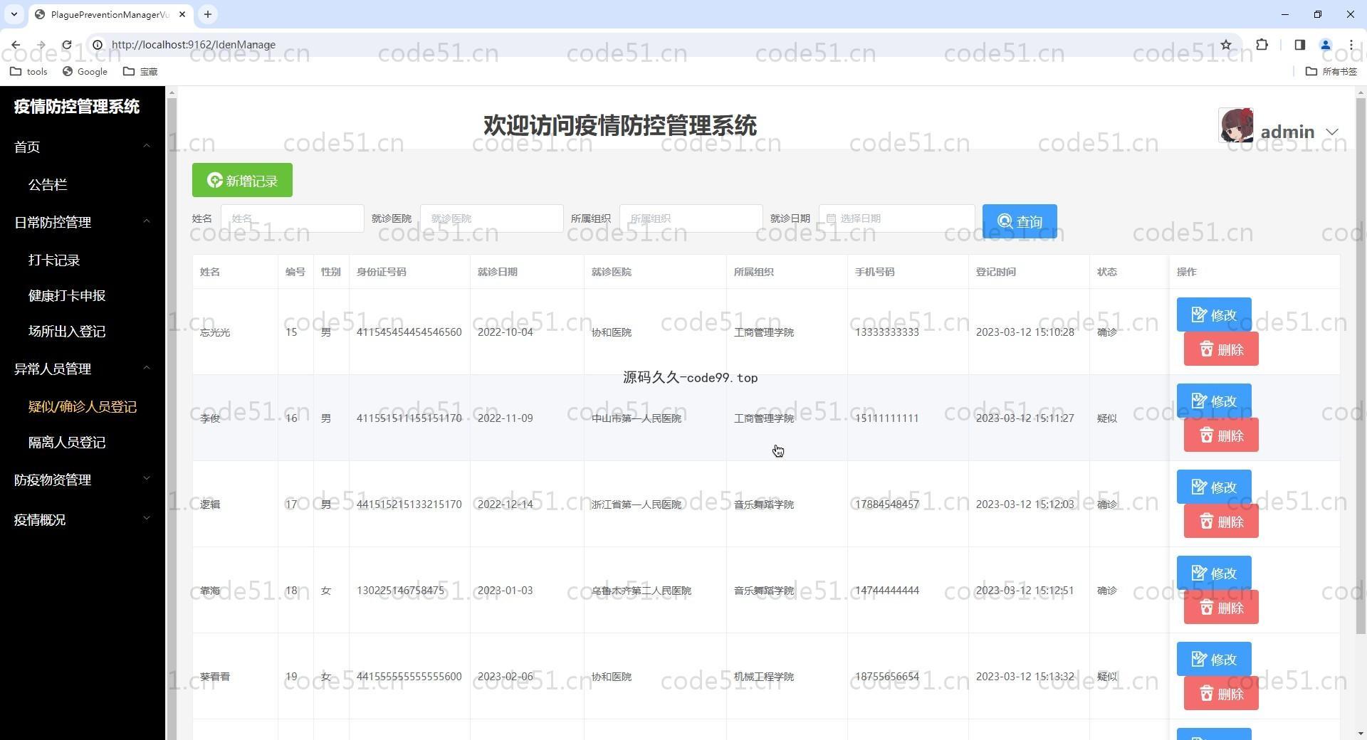 基于Vue+SpringBoot+MySQL+Elementui的疫情防控管理系统