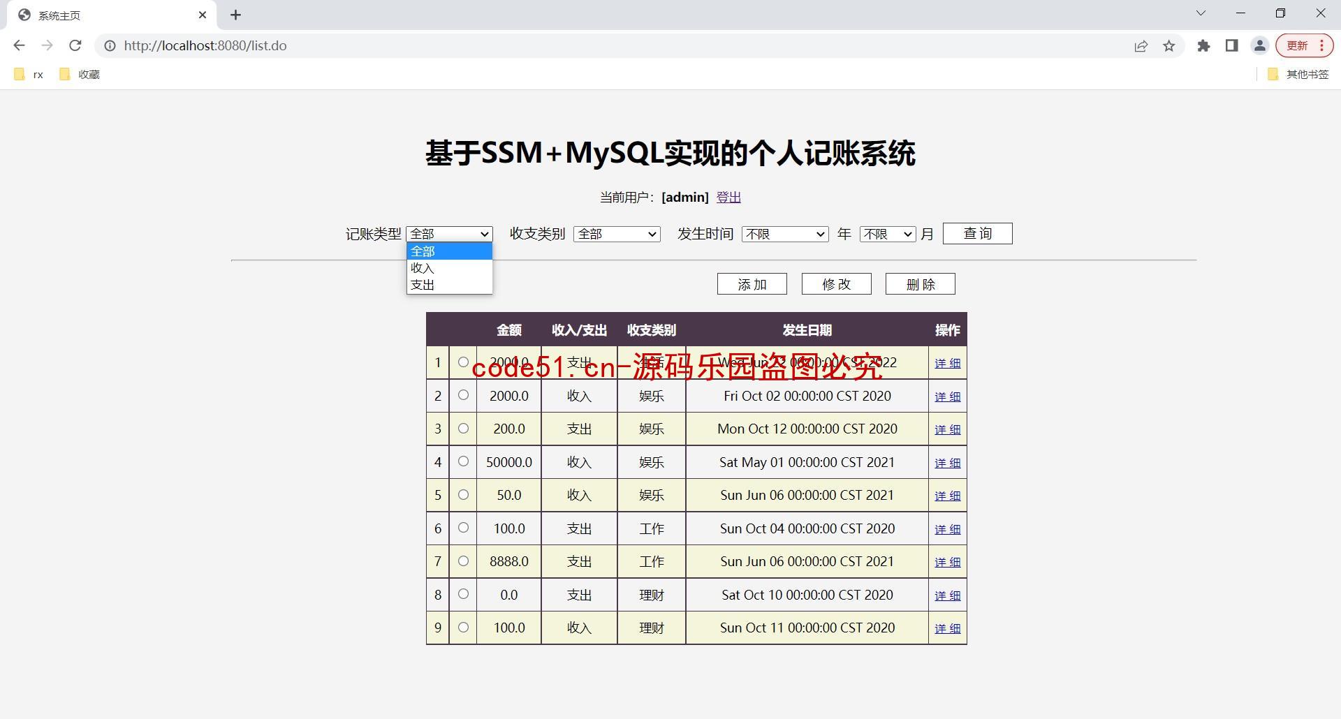 基于SSM+MySql实现的简单的个人记账系统